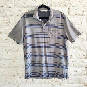 𝅺Travis Mathew’s Grey Blue Striped Polo Golf Shirt Short Sleeve Active Sz L